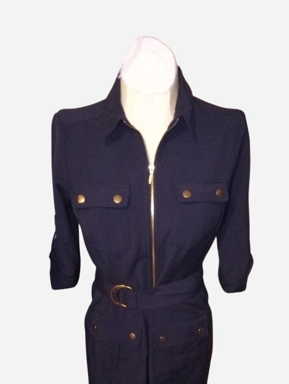 Sharagano Navy Midi Shirt Dress with Gold Accents
